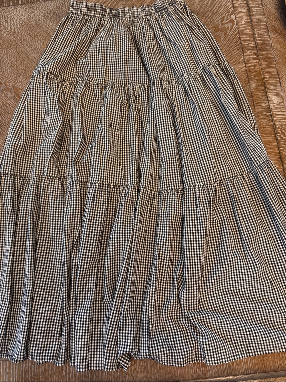 Black/white Checked Pull On MAXI SKIRT One Size tiered Elastic Waist 30/36”